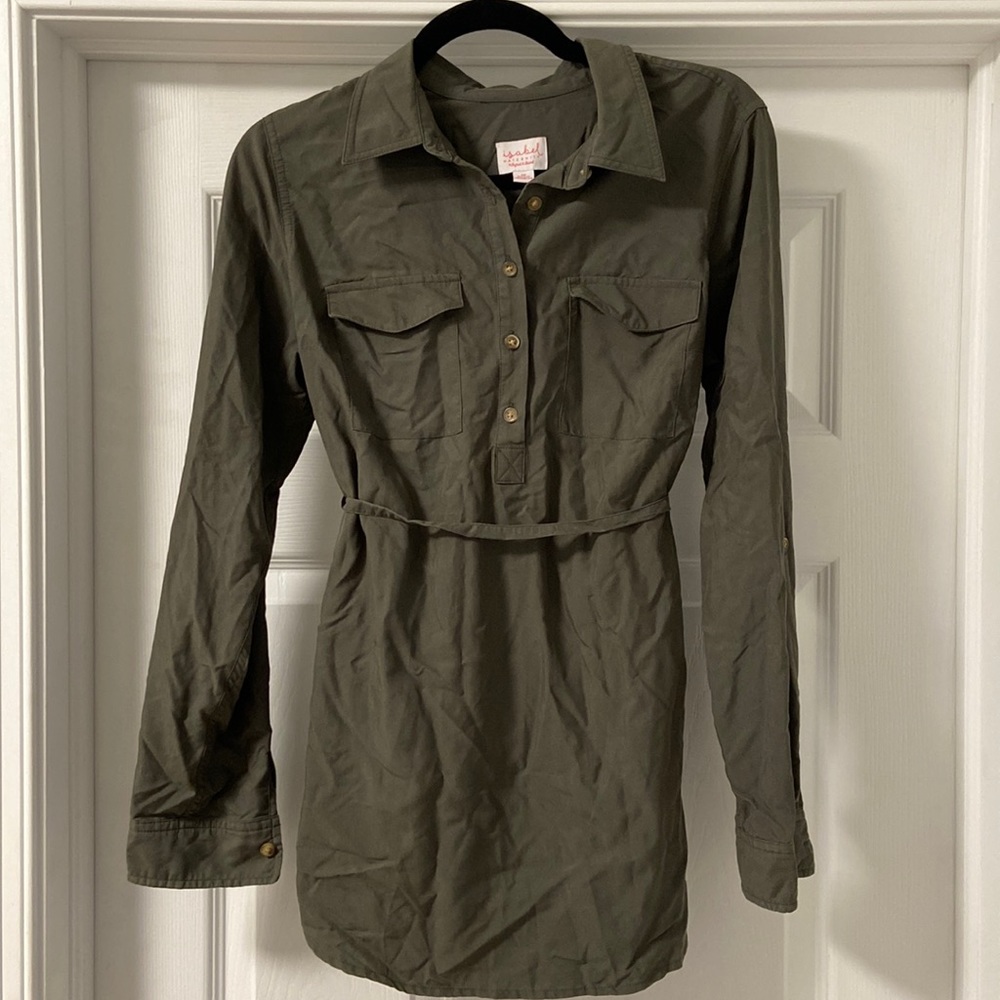 Olive green maternity shirt with tie at waist